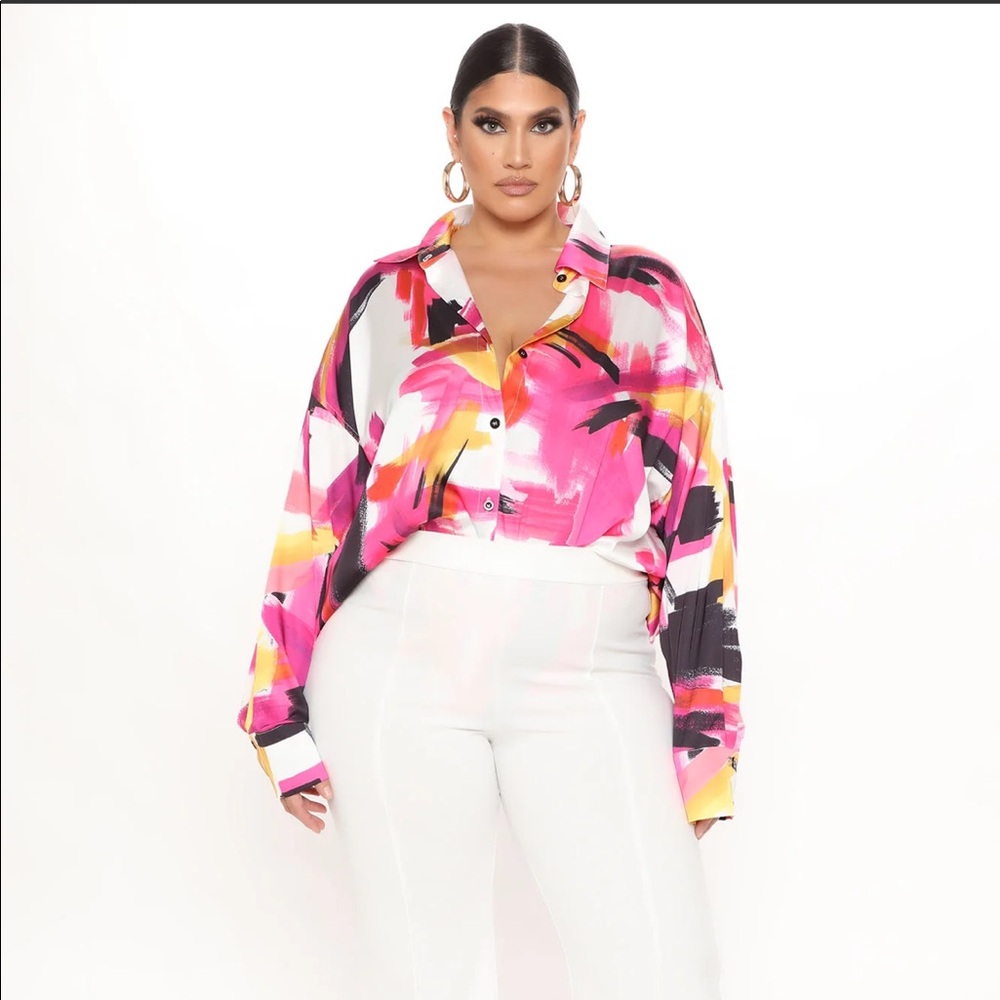 Fashion Nova Play Hard Earn Hard Satin Shirt - Pink/combo Top